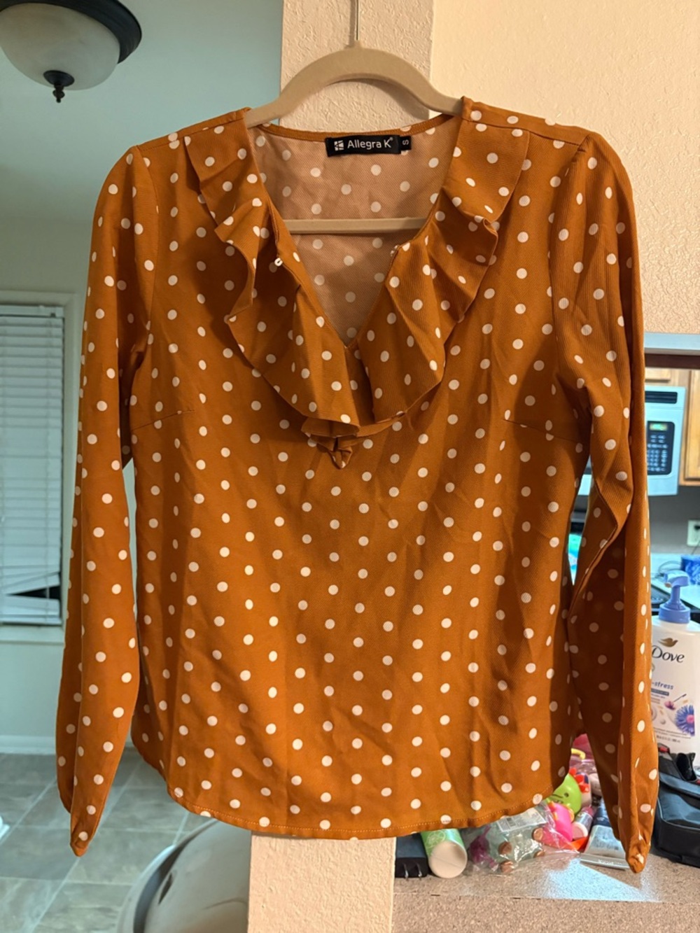 Allegra K Mustard Polka Dot Ruffle V-Neck Blouse